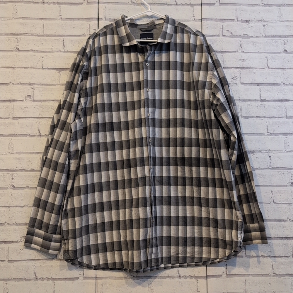 Tommy Bahama Men's Size 2XT Button Down Shirt Gray White Plaid Long Sleeve